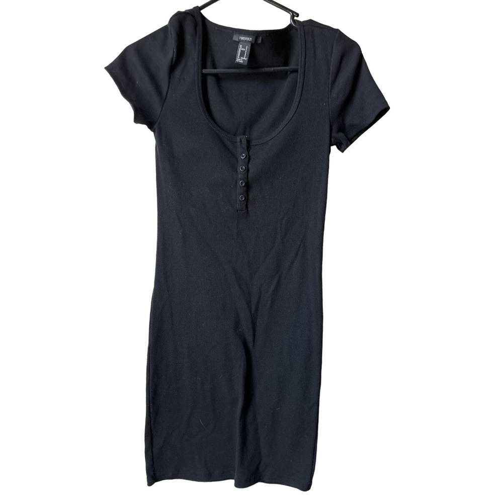 Midi dress short sleeve button front Forever 21 Black Cute AF